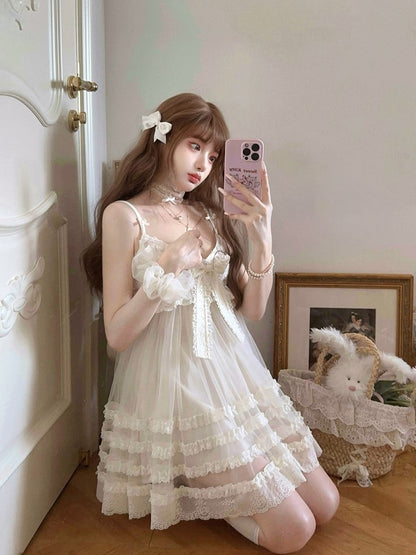 Lace With Bowknot Slip White Ruffles Dress Tiered Above Knee
