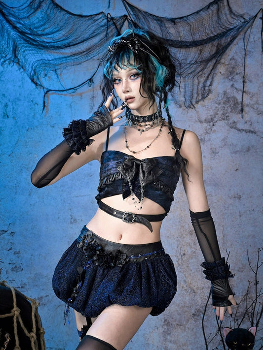 Top Bow Buckle Strap Vintage Blue Cropped Hem Tie with Black Rockabilly