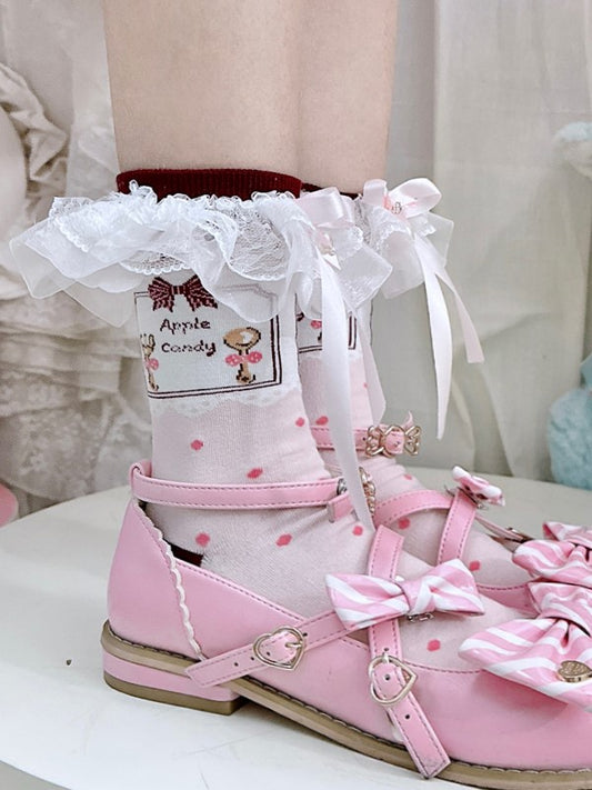 Lolita Kalbsrosa Schleife Spitzenmuster Details Manschetten Perlen Tupfen Rüschen Mit Socken