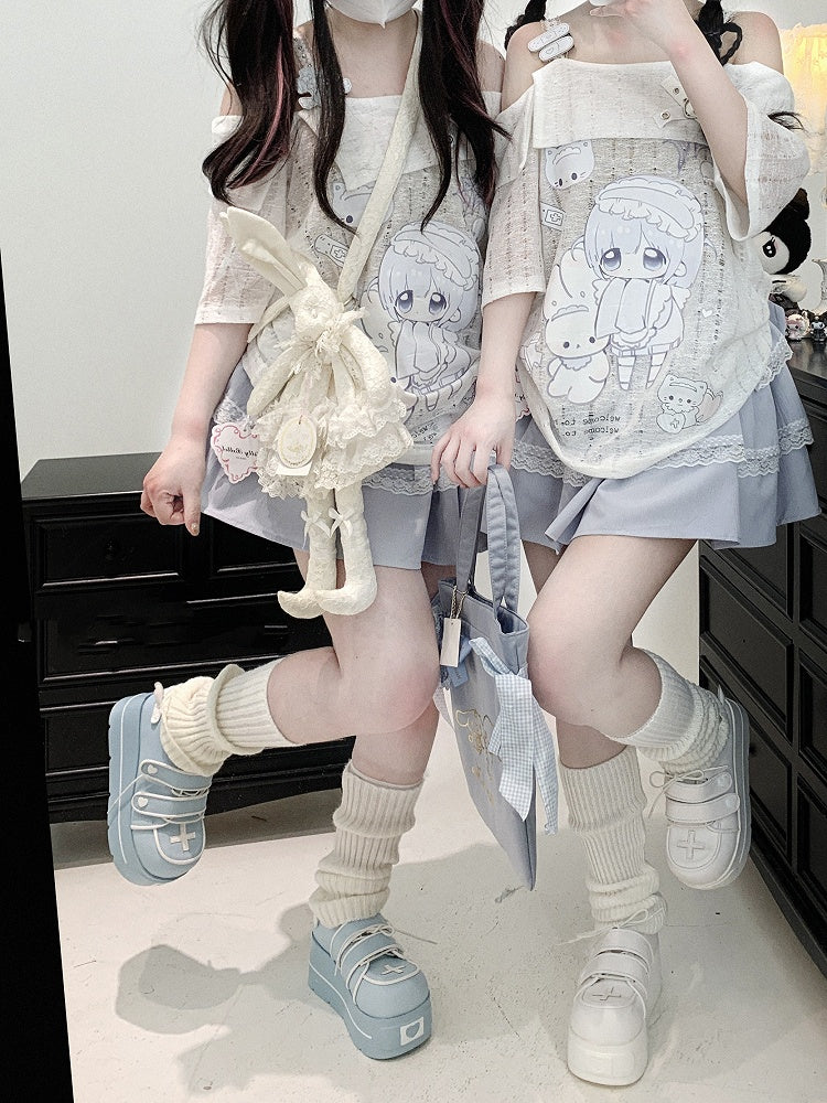 Off-the-shoulder Neckline White Jirai Kawaii Cartoon Yami Print