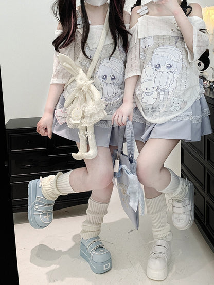 Off-the-shoulder Neckline White Jirai Kawaii Cartoon Yami Print