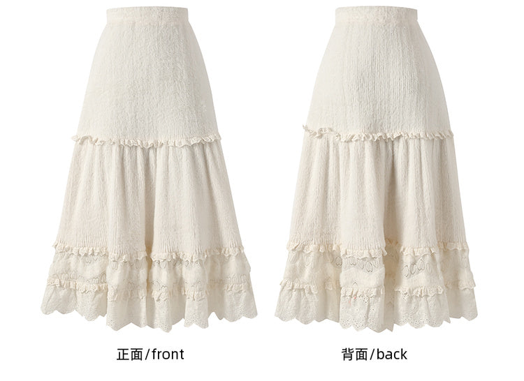 Beigefarbener Midirock mit hoher Taille und Spitzenakzenten und Volantsaum