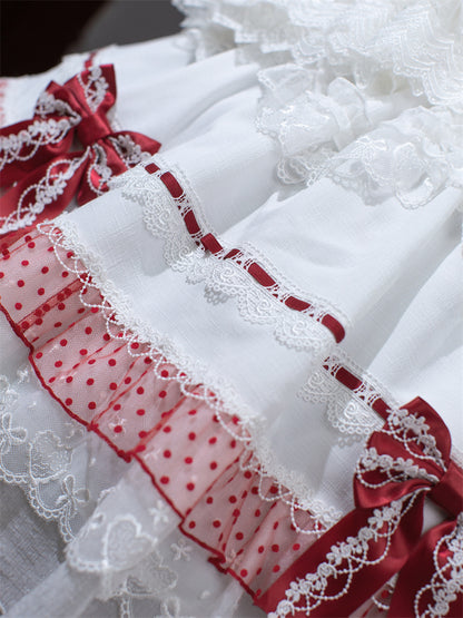 Weiß und Weinrot Schnürung Schleife Akzente Spitzenbesatz Süßes Prinzessinnenkleid Lolita Pulloverrock