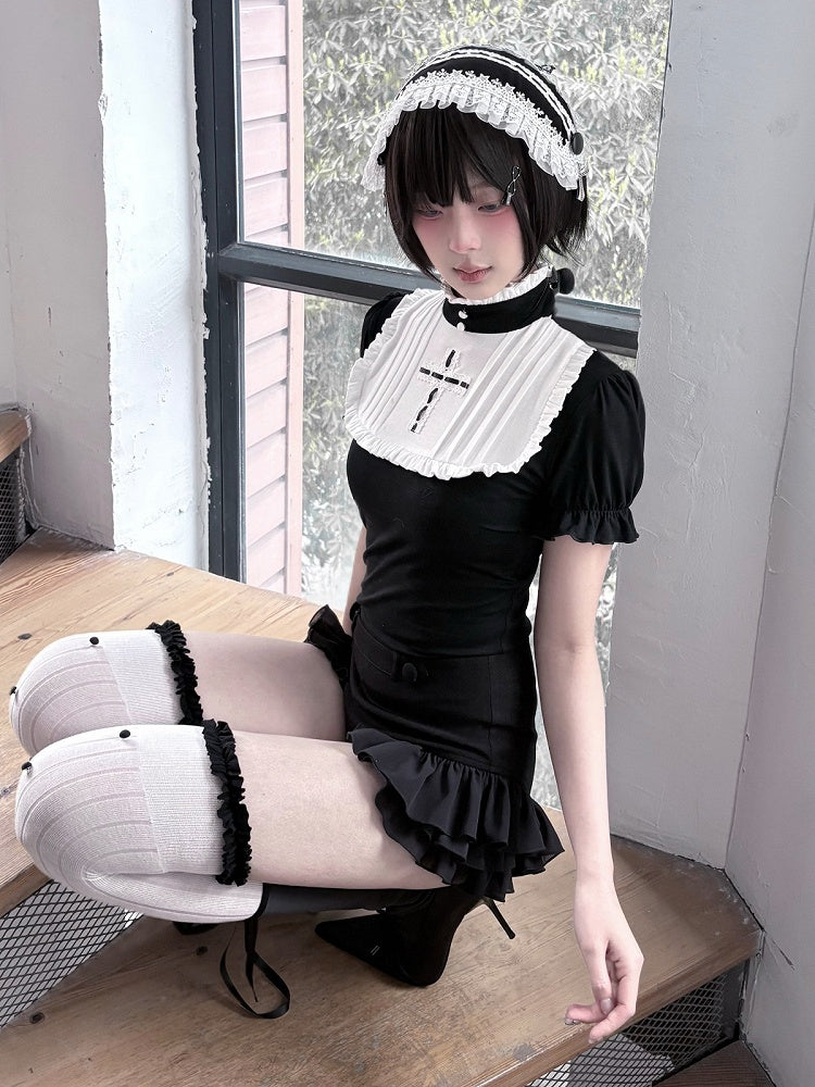 Gothic Black and White Cross-Decorated Ruffle Short Sleeve Top - Damn Girl