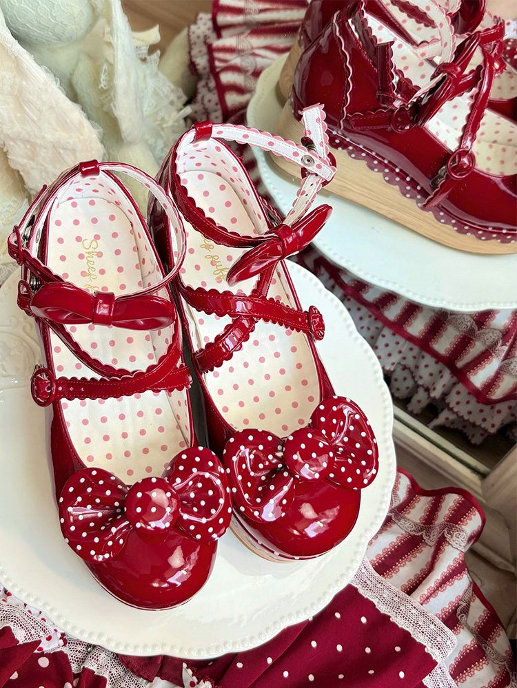 Lolita Leather Red Polka-dot PU Wedge Pattern Mary Janes Polished - Sweet