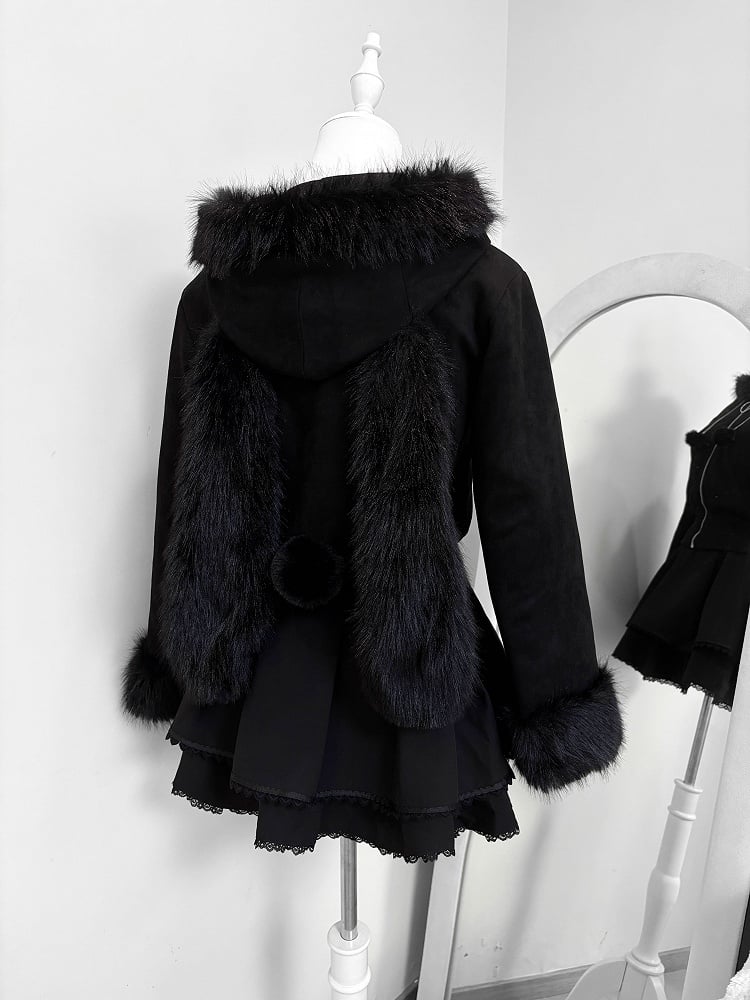 Hooded Fur Kei Warm and with Padded Short Collar Bunny Ear Jirai Black Jacket Cuffs