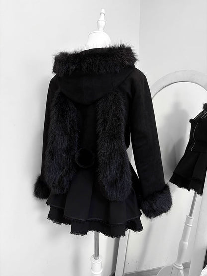 Hooded Fur Kei Warm and with Padded Short Collar Bunny Ear Jirai Black Jacket Cuffs