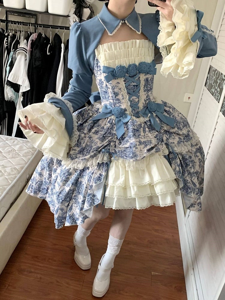 Bow Print Set + Elegant Skirt White Bolero Train High-low Rose Dress Jouy Blue and Accents de with Lolita Classic Toile