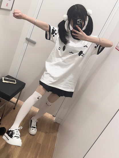Cotton Print Crewneck Design T-shirt White with Emoji Paw Cat