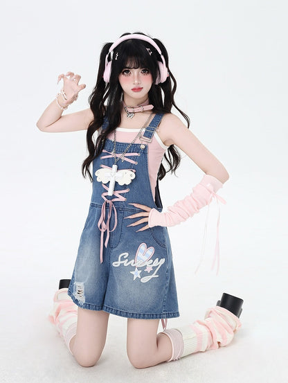 Blue Adorable Lace-up Back Bunny Ears Design Denim Overall Shorts