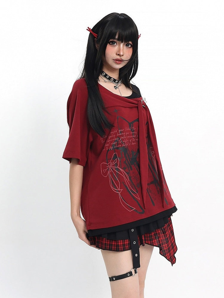 Cutout Shoulder Tee with Bow Print in Red - Catwish