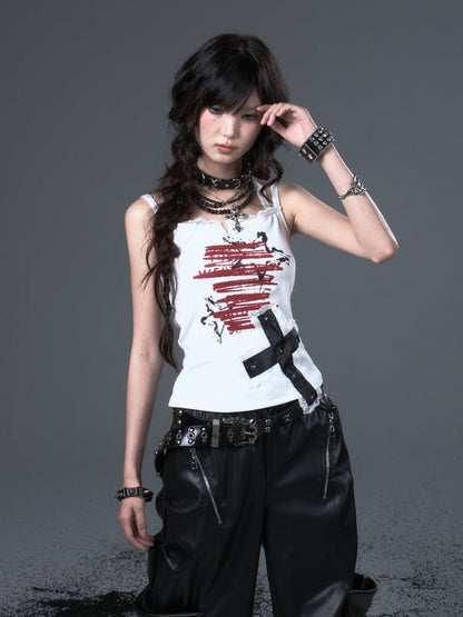 White Punk Star Graffiti Cami with Lace  Studded Cross Top