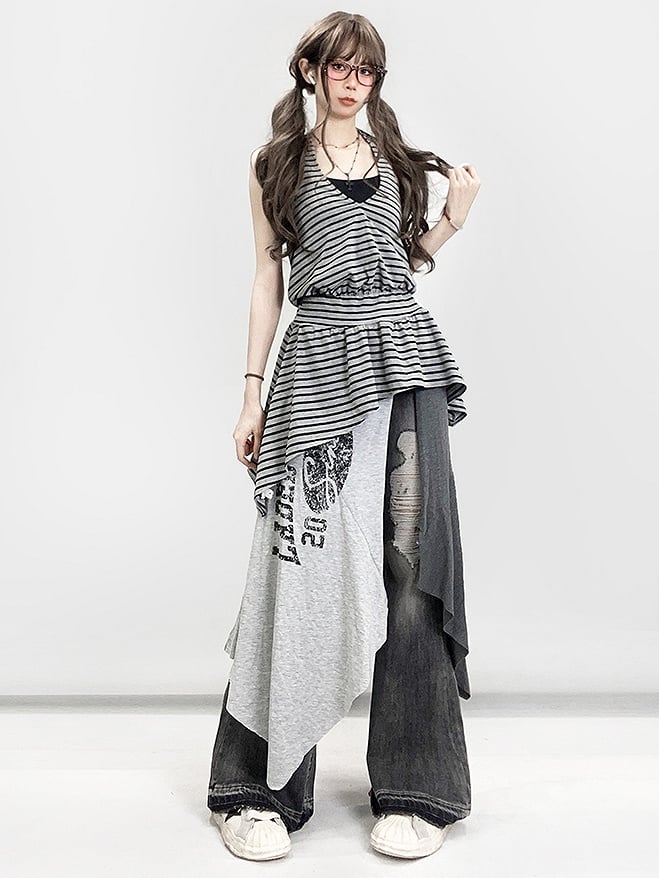 Shorts Saum Schwarz Schlitz Mit Buchstaben Asymmetrische Seite Rock Grau Druck Glamorous