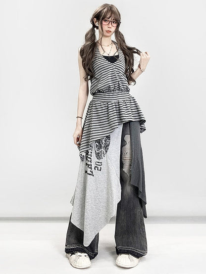 Shorts Saum Schwarz Schlitz Mit Buchstaben Asymmetrische Seite Rock Grau Druck Glamorous