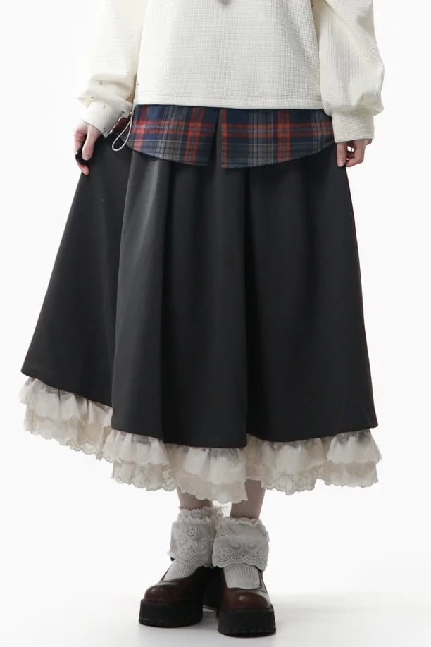 with Ruffle Tiered Waist Gray Hem Skirt Kawaii Elastic Daily
