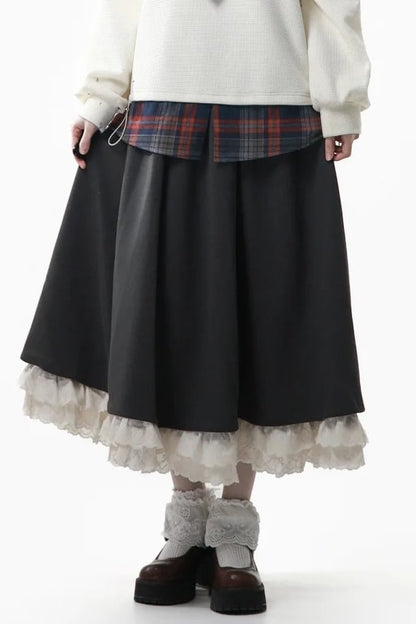 with Ruffle Tiered Waist Gray Hem Skirt Kawaii Elastic Daily