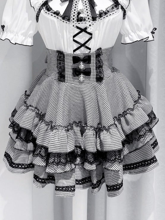 Monochrome Houndstooth Tiered Skirt with Lace Trim and Rhinestone Bows - GingaU