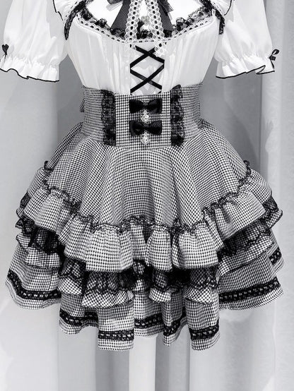 Monochrome Houndstooth Tiered Skirt with Lace Trim and Rhinestone Bows - GingaU