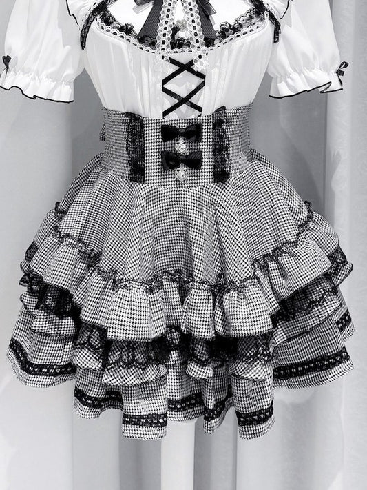 Monochrome Houndstooth Tiered Skirt with Lace Trim and Rhinestone Bows - GingaU