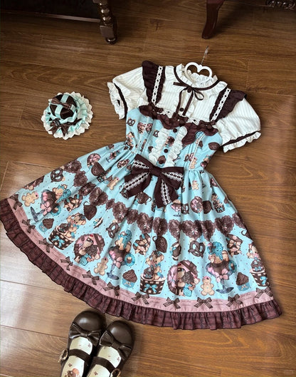 Lolita Dress Sleeves Vintage Teddy Bear Print Sweet  Flutter Mint Green JSK