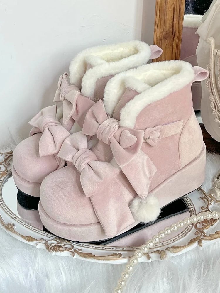 - Lolita Sweet Platform Boots Pompon Winter Charm Pink