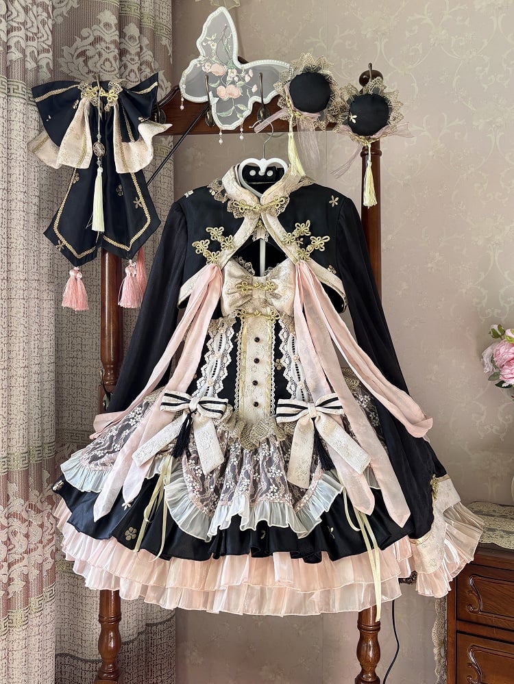 Black and Pink Chinoiserie Style Corset Dress Qi Lolita JSK Set