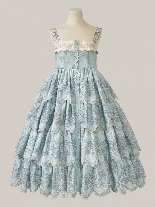 Jumper with Trim Scallop Skirt Blue Classic Layered Print Embroidered Lolita Floral