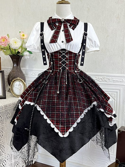 Dress Lolita Punk Red Black Plaid Overall Sleeves Detachable + Blouse Puff-Sleeve