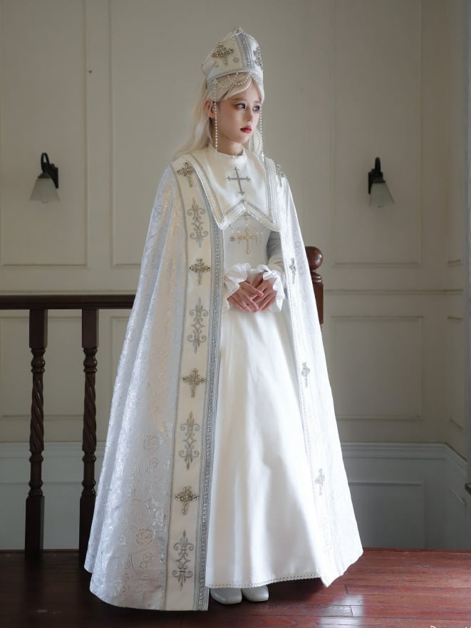 Embroidery Silver Cross Lolita Decorated Details Nun White and Cloak