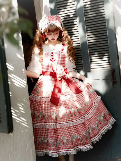Strawberry Print Red Lolita Picnic Gingham Dress Sweet Lolita Jumper Skirt