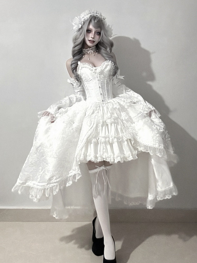 Shiro Gothic Lolita Full Set with Boned Corset Top, Skirt, Collar, Bell Sleeves and Accessories in All White - Somnium Isle