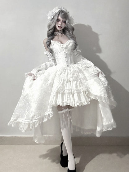 Shiro Gothic Lolita Full Set with Boned Corset Top, Skirt, Collar, Bell Sleeves and Accessories in All White - Somnium Isle