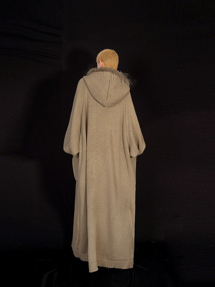 Coffee Fur Hooded with Trim Coat Buckle Details Faux Knit
