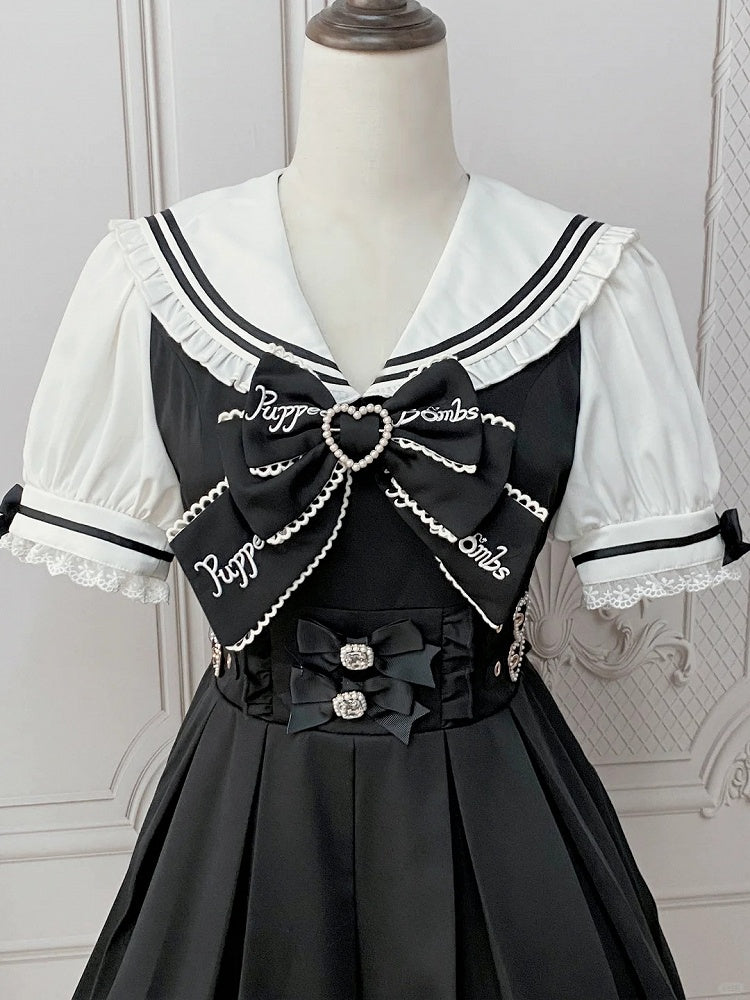 Heart Pink Sailor Collar Jirai Kei Dress Black/Light Back Bow with Self-tie Buckles
