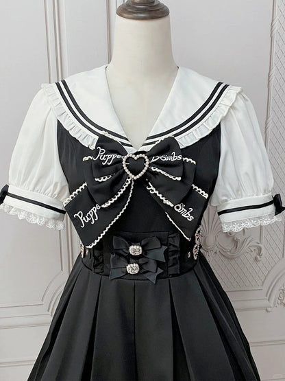 Heart Pink Sailor Collar Jirai Kei Dress Black/Light Back Bow with Self-tie Buckles