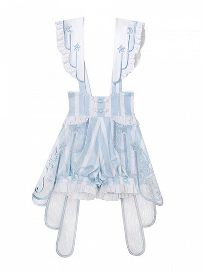 White & Blue Star Moon Embroidery Striped Lolita Suspender Bloomer Shorts with Angel Wing Train - Unknown Star