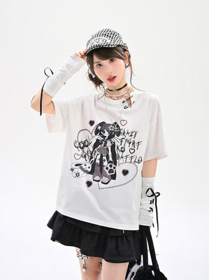 Lace-up with Neckline Detail Punk Girl Print Slit Gloves White Y2K T-Shirt