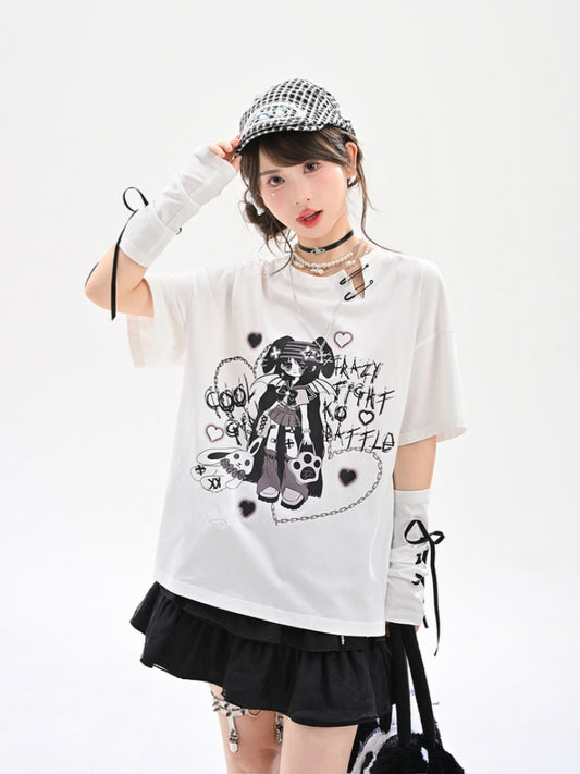 Schnürung mit Ausschnittdetail Punk Girl Print Schlitzhandschuhe Weißes Y2K T-Shirt