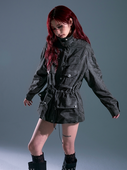 Closure Waist Zip Drawstring - Accent Punk Cargo Jacket Gray Buckled