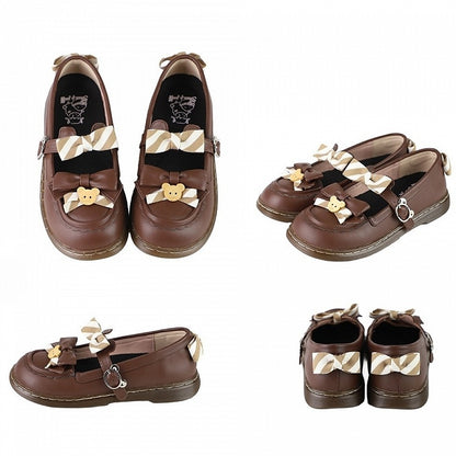 Design PU - and Kuma-themed with 2cm Flat Ear Shoes Strap Lolita Bear Brown Striped Bow