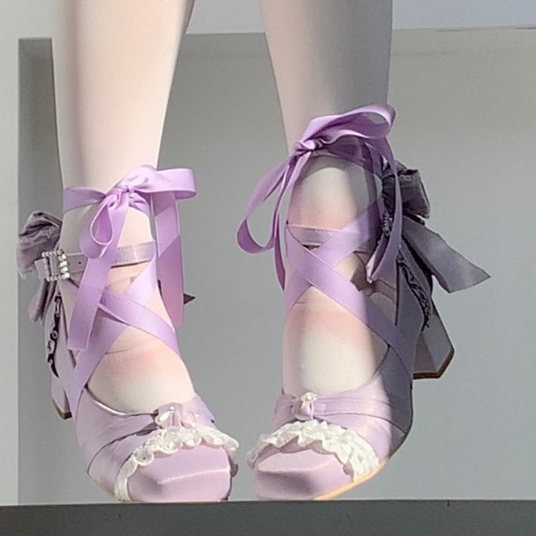 Snap Decor Square Mid-heel Beads Lolita Purple Shoes - Toe Classic