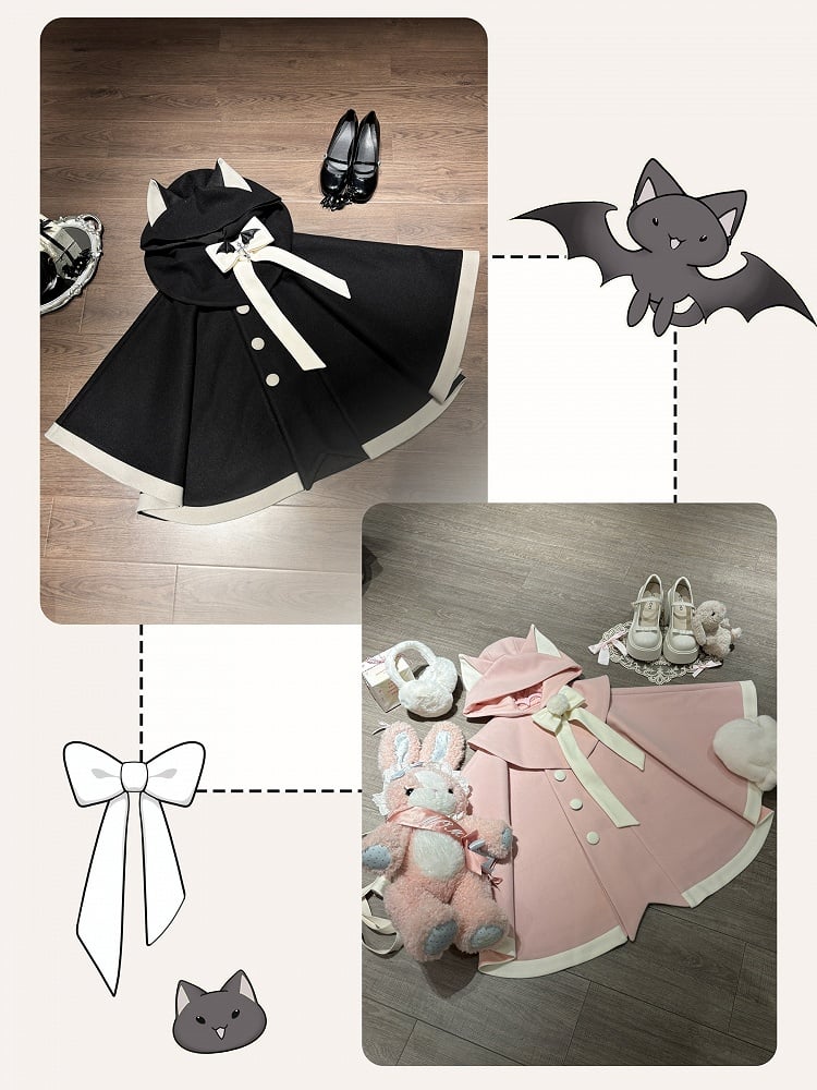 ピンク＆ホワイトの猫耳フード付きマント