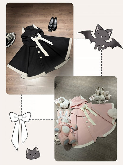 ピンク＆ホワイトの猫耳フード付きマント