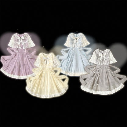 Lace Cape Design Dress with Bow, Short Sleeve, 4 Colors, Landmine - Kitty Bxllet