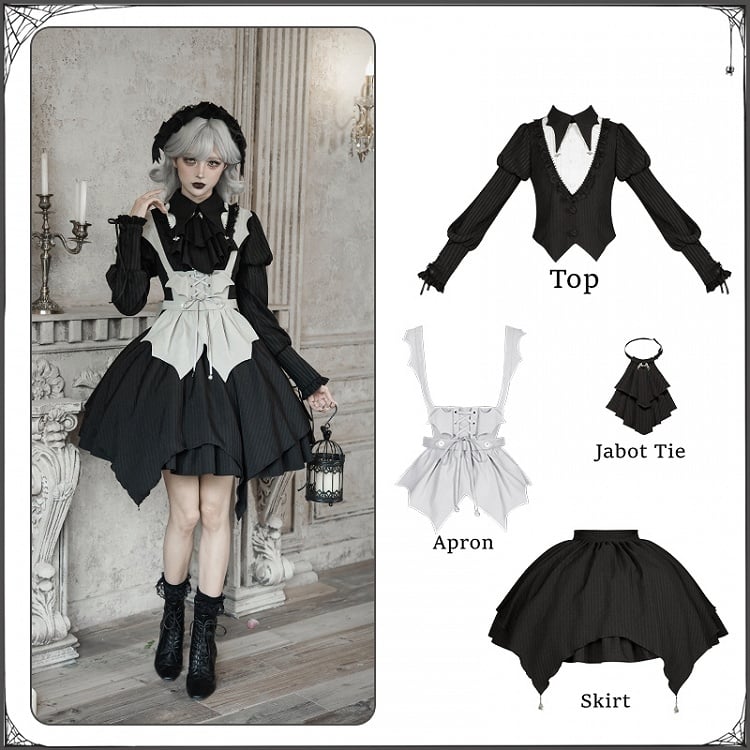 Version Jabot Juliette Tie Skirt Top - Black Full Short + Gothic Apron Set Lolita Sleeves Striped
