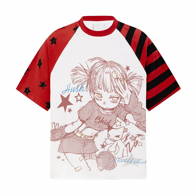 Otaku Kawaii Star-Stripe Tee with Anime Girl Graphic, Red White - CRAZY GIRL