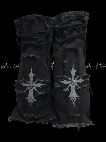 with Raw Hem Detail Lace-up Glamorous Leg Warmers Y2K Black Denim Cross Applique