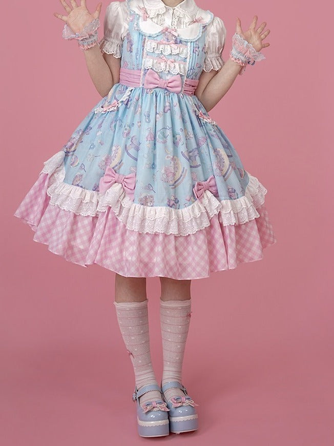 Adorable Lolita JSK Gown in Blue and Pink with Bow and Pocket Accents - Vcastle