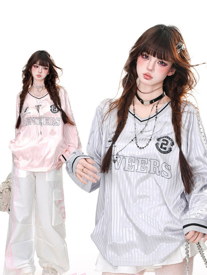 Loose V-Neck Sweatshirt Pink/Gray Striped Pattern