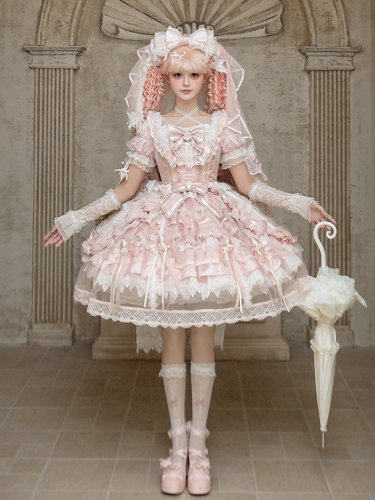 Style Sweet Theme OP Lace Hanayome Full Pink Dress Strawberry Set Lolita